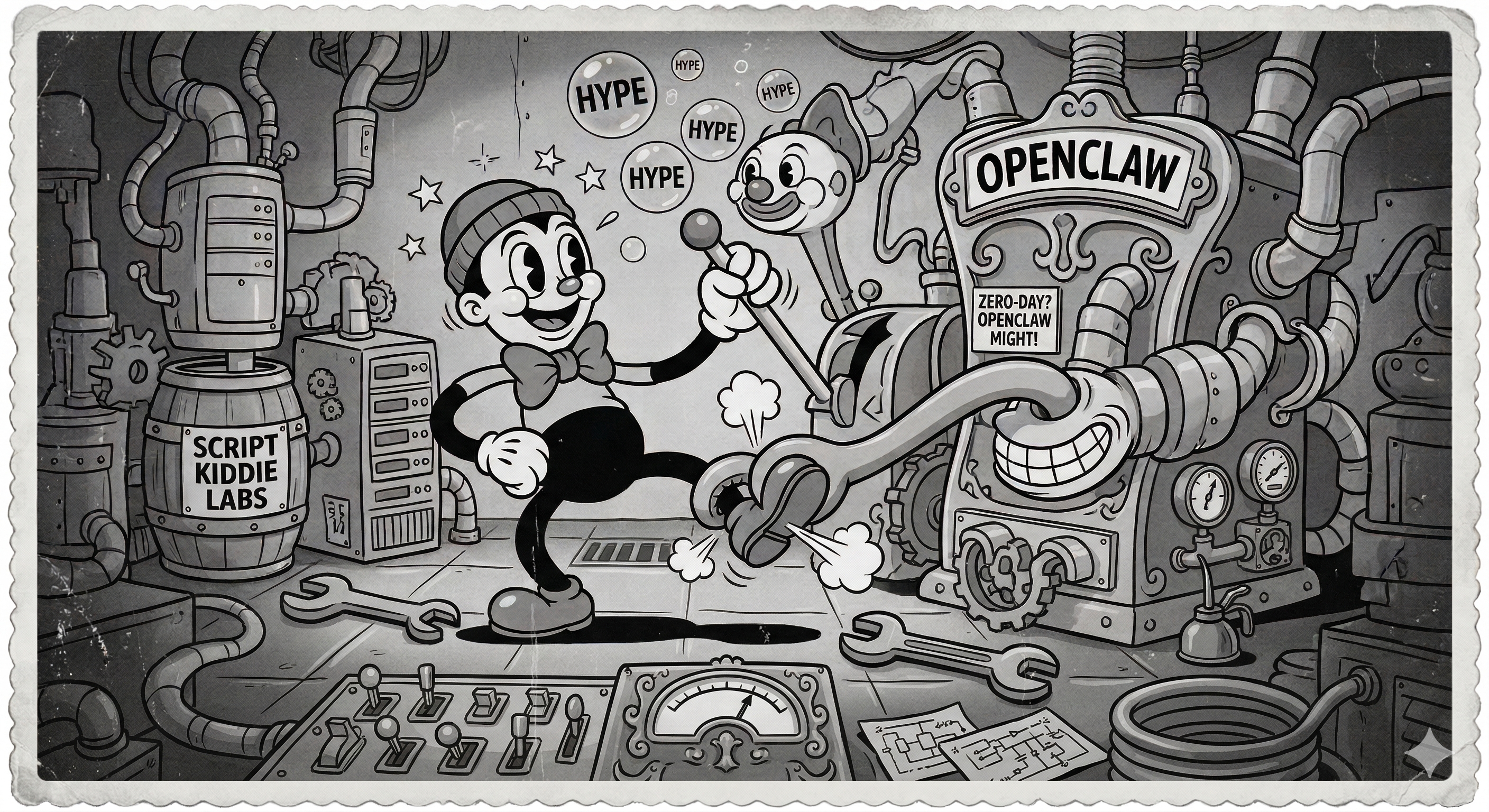 Gemini illustration of script kiddy playing with openclaw